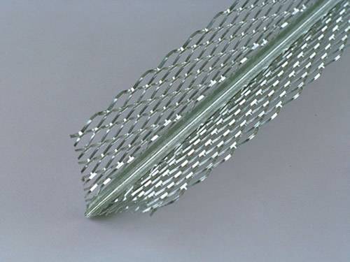 A raised expanded metal corner bead with the diamond shape and galvanized surface