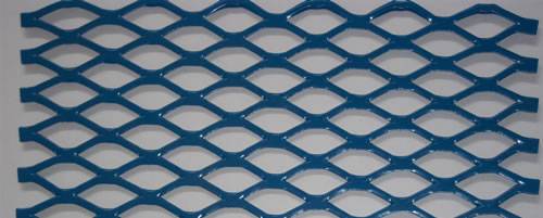 A piece of blue flattened expended metal sheet with PVC coated surface and diamond holes.